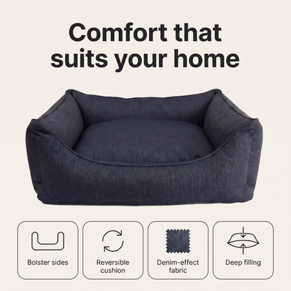 Denim dog bed features: bolster sides, reversible cushion, denim-effect fabric, deep filling