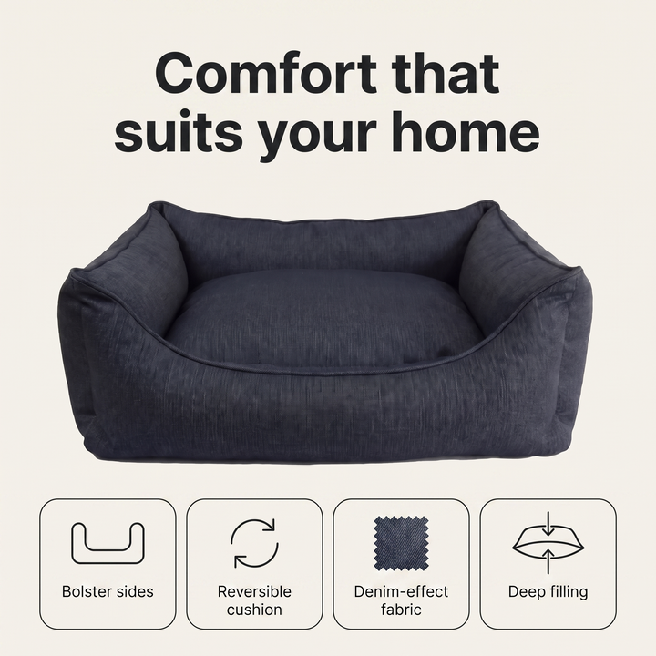 Denim dog bed features: bolster sides, reversible cushion, denim-effect fabric, deep filling
