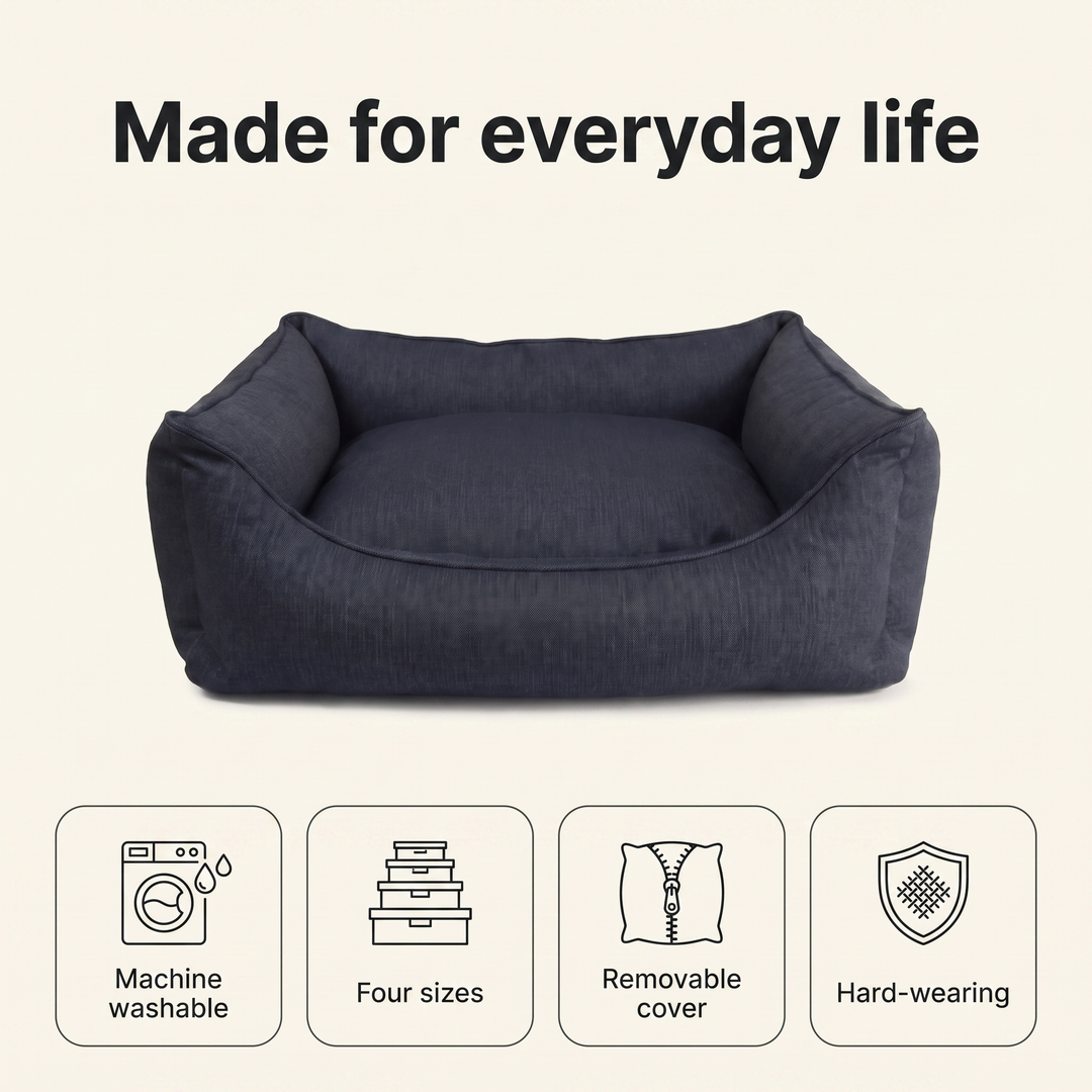 Denim dog bed: machine washable, four sizes, removable cover, hard-wearing