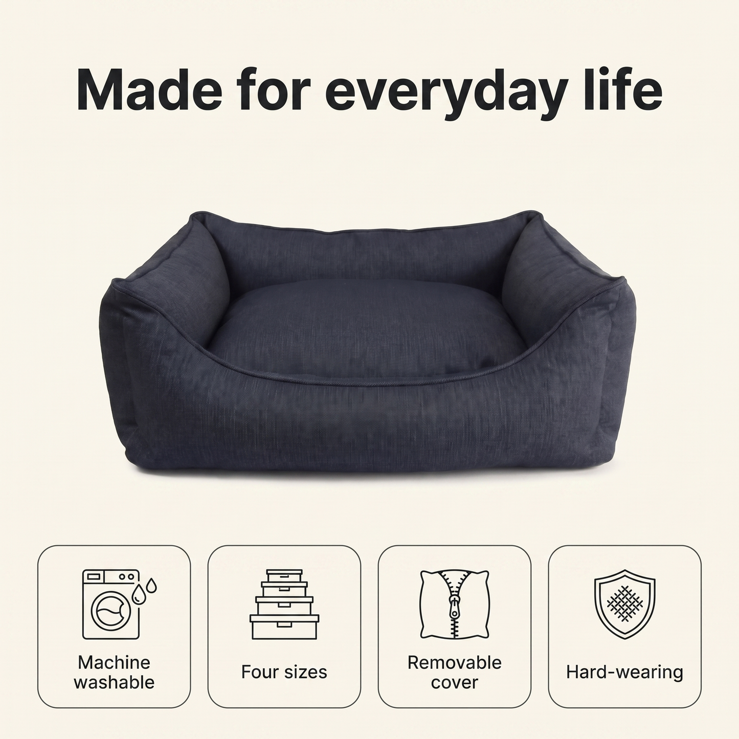 Denim dog bed: machine washable, four sizes, removable cover, hard-wearing