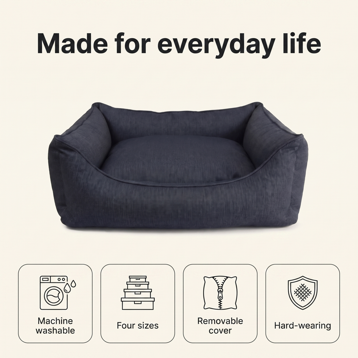 Denim dog bed: machine washable, four sizes, removable cover, hard-wearing