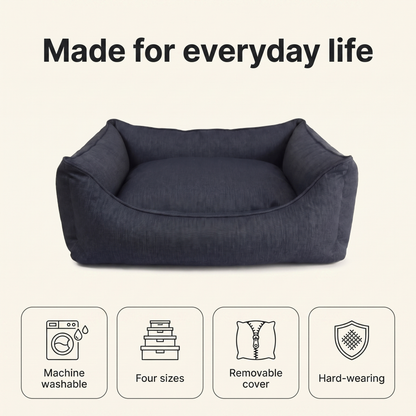 Denim dog bed: machine washable, four sizes, removable cover, hard-wearing