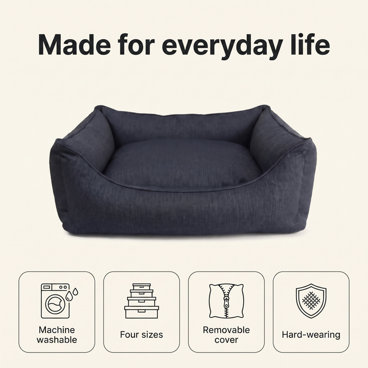 Denim dog bed: machine washable, four sizes, removable cover, hard-wearing