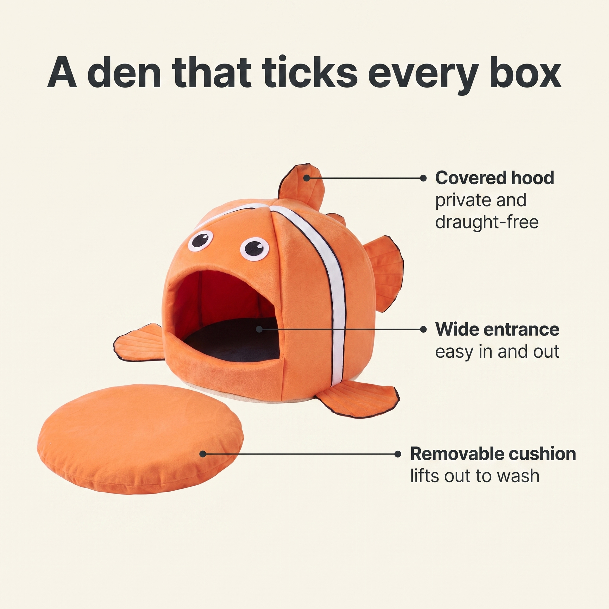 Clownfish cat cave annotated: covered hood, wide entrance, removable cushion