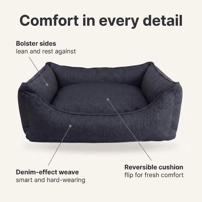Denim dog bed annotated: bolster sides, denim-effect weave, reversible cushion