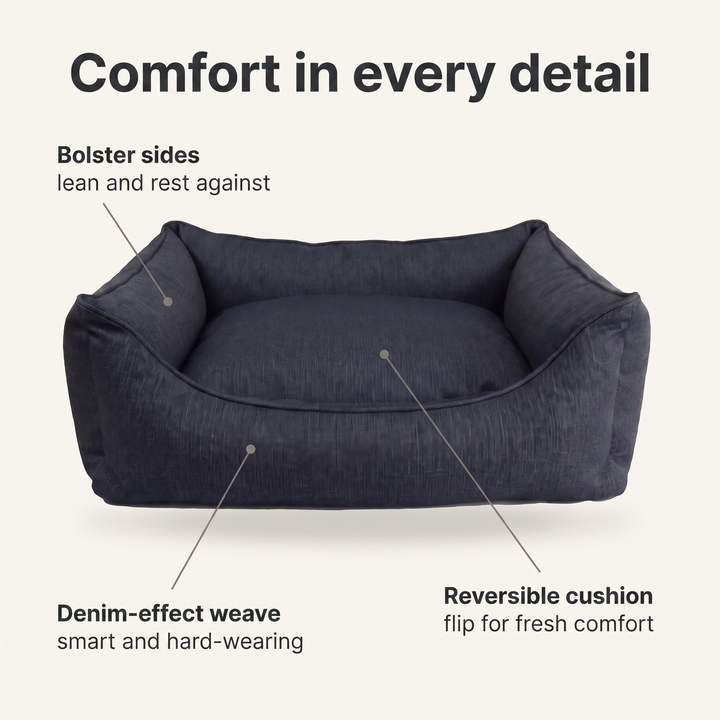 Denim dog bed annotated: bolster sides, denim-effect weave, reversible cushion