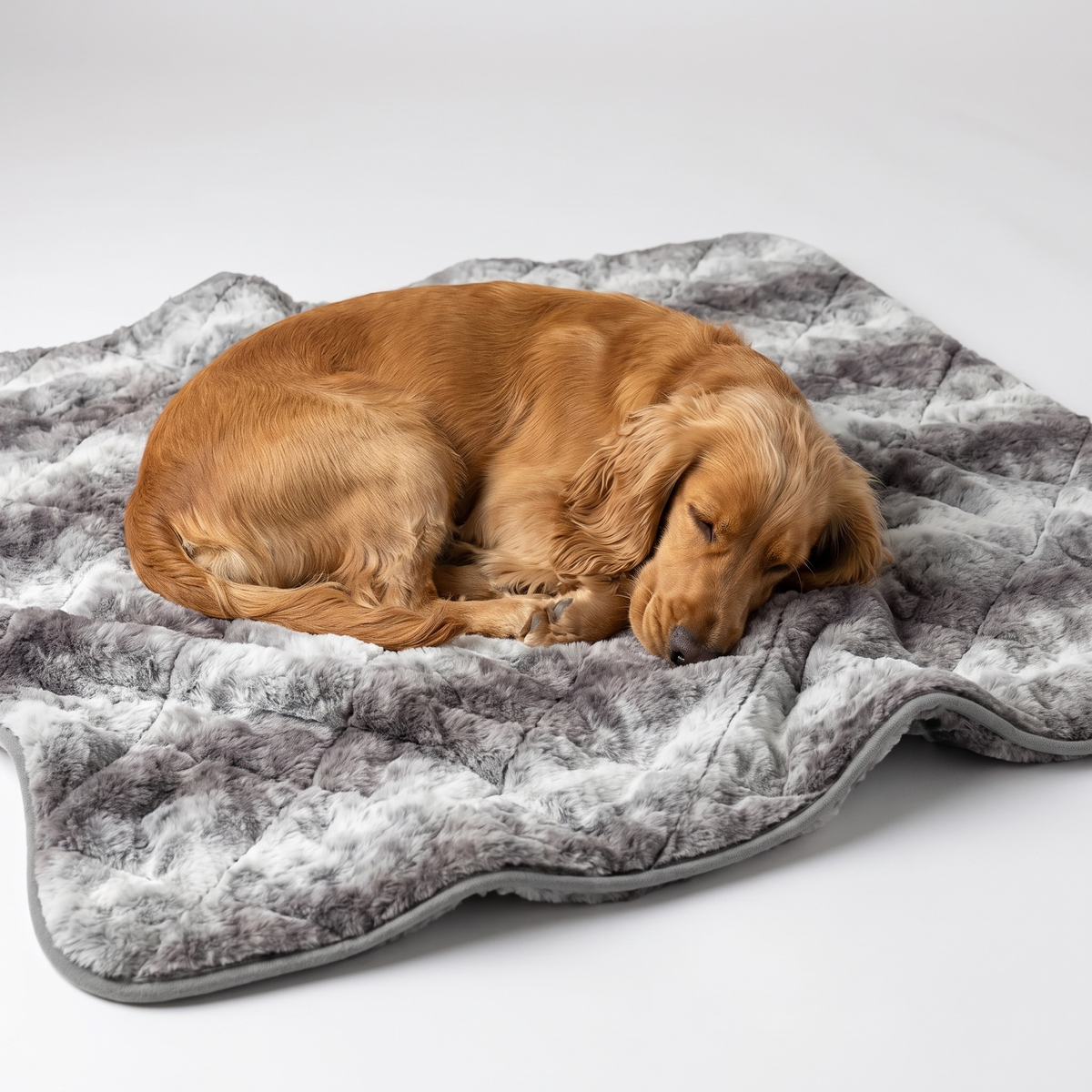 Dog sleeping on a luxury marbled grey faux fur dog blanket with quilted diamond stitching