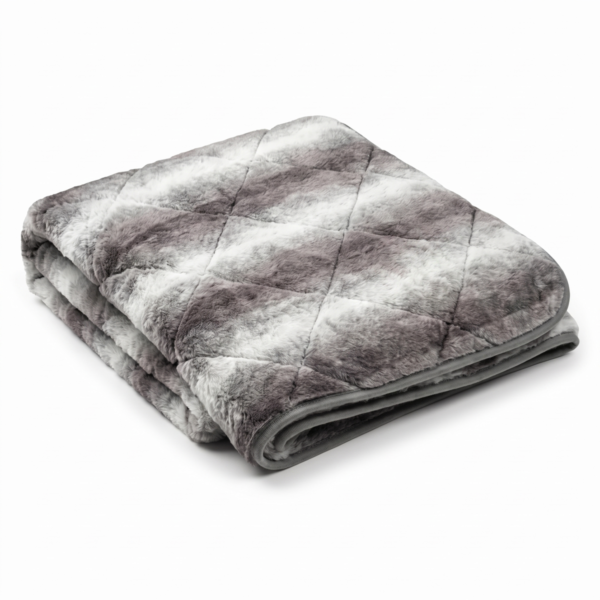 Folded luxury grey faux fur dog blanket throw with quilted diamond stitching on white background
