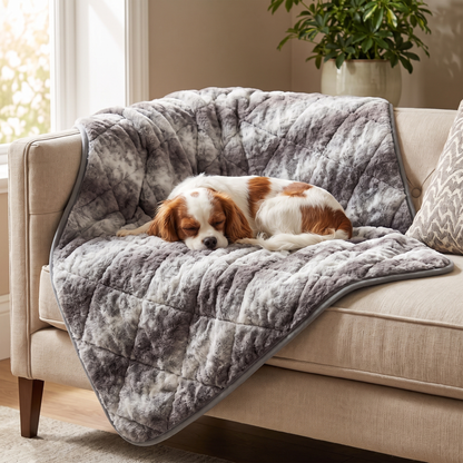 Dog blanket for couch protecting a beige sofa while a spaniel sleeps on the faux fur throw