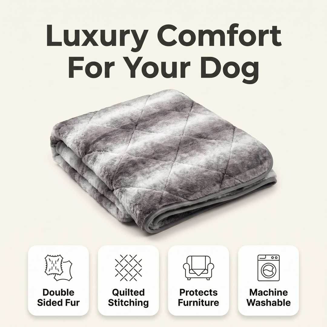 Faux fur dog blanket feature overview: double sided fur, quilted stitching, protects furniture, machine washable