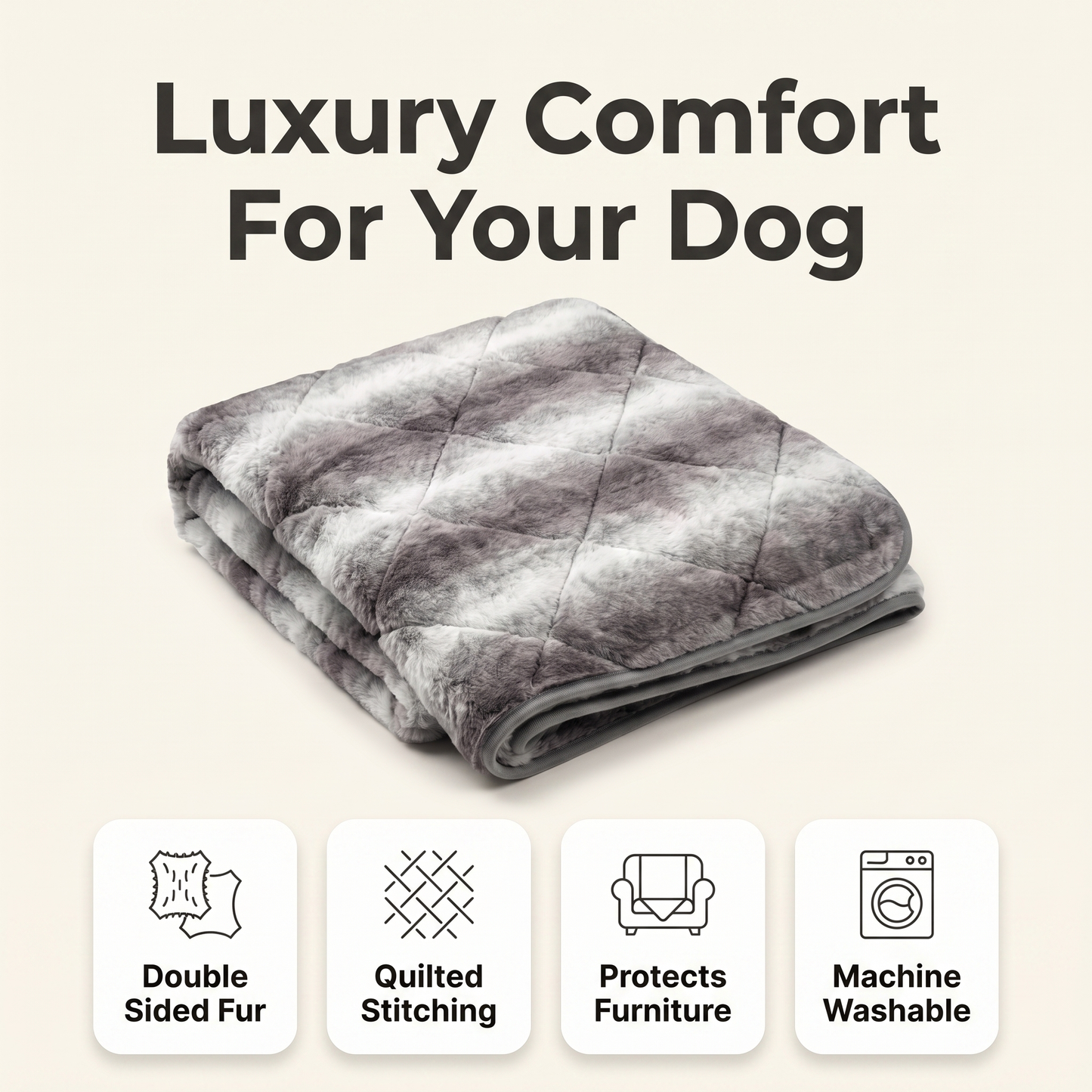 Faux fur dog blanket feature overview: double sided fur, quilted stitching, protects furniture, machine washable