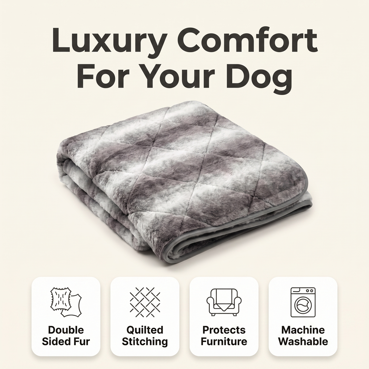 Faux fur dog blanket feature overview: double sided fur, quilted stitching, protects furniture, machine washable