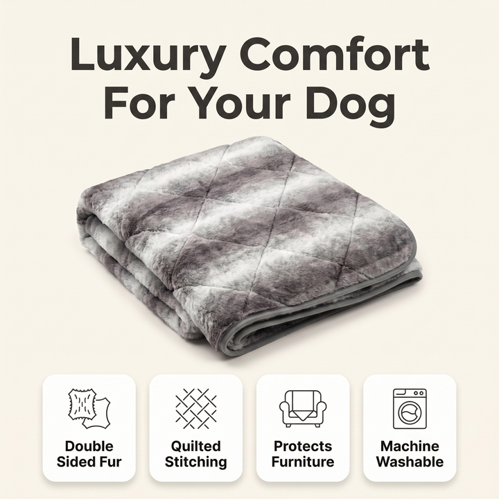 Faux fur dog blanket feature overview: double sided fur, quilted stitching, protects furniture, machine washable