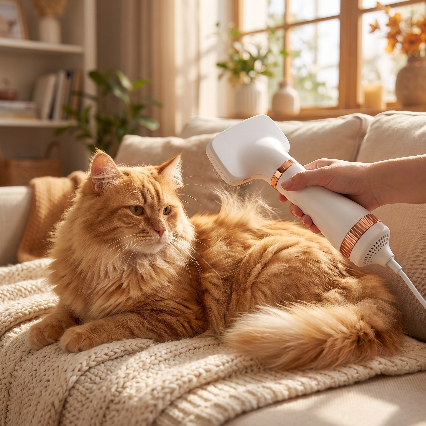 Long haired ginger cat being groomed with the pet grooming dryer at home