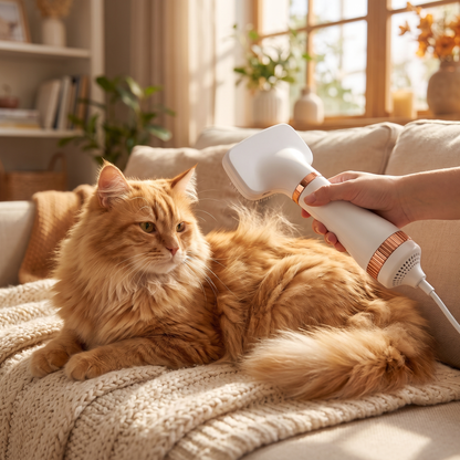Long haired ginger cat being groomed with the pet grooming dryer at home