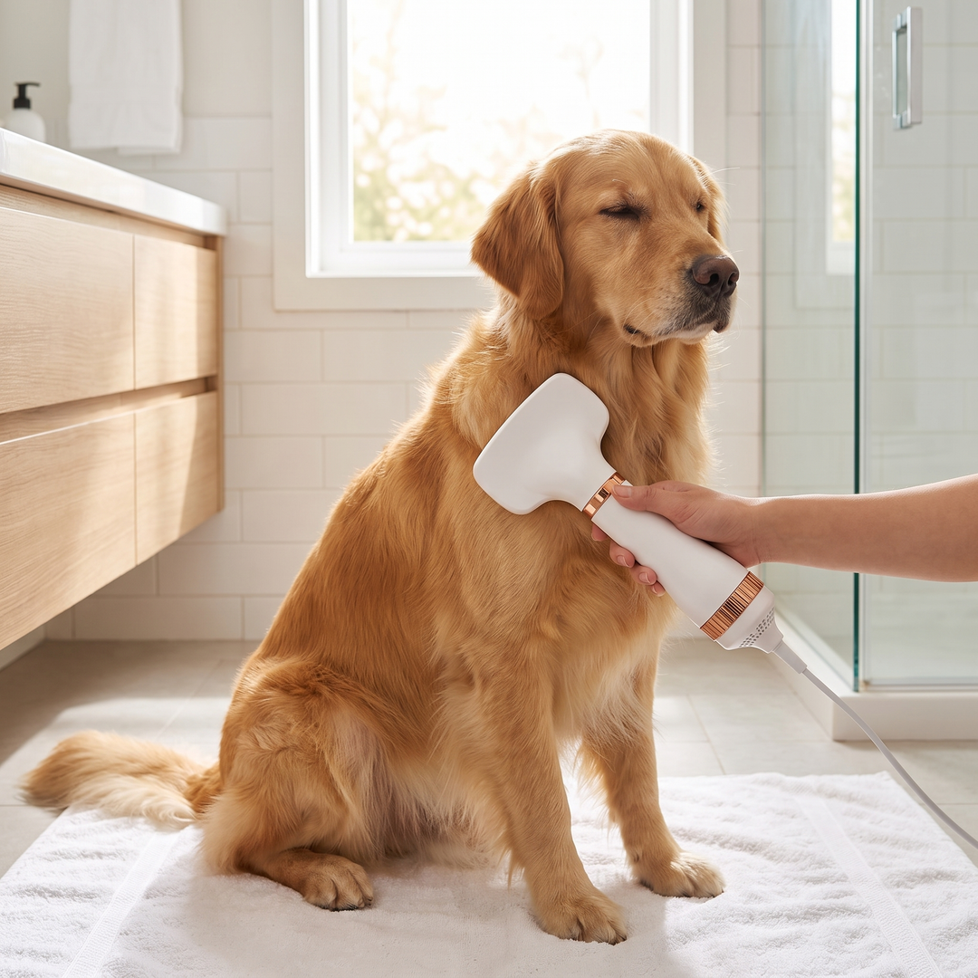 Golden retriever being dried and brushed with the pet grooming dryer after a bath