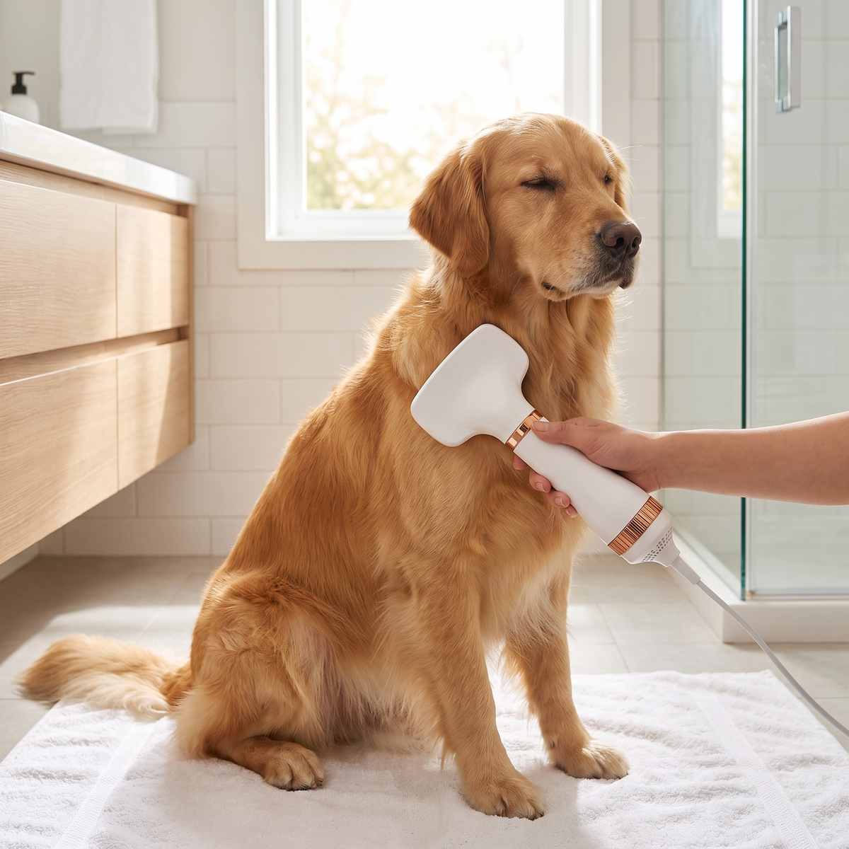 Golden retriever being dried and brushed with the pet grooming dryer after a bath