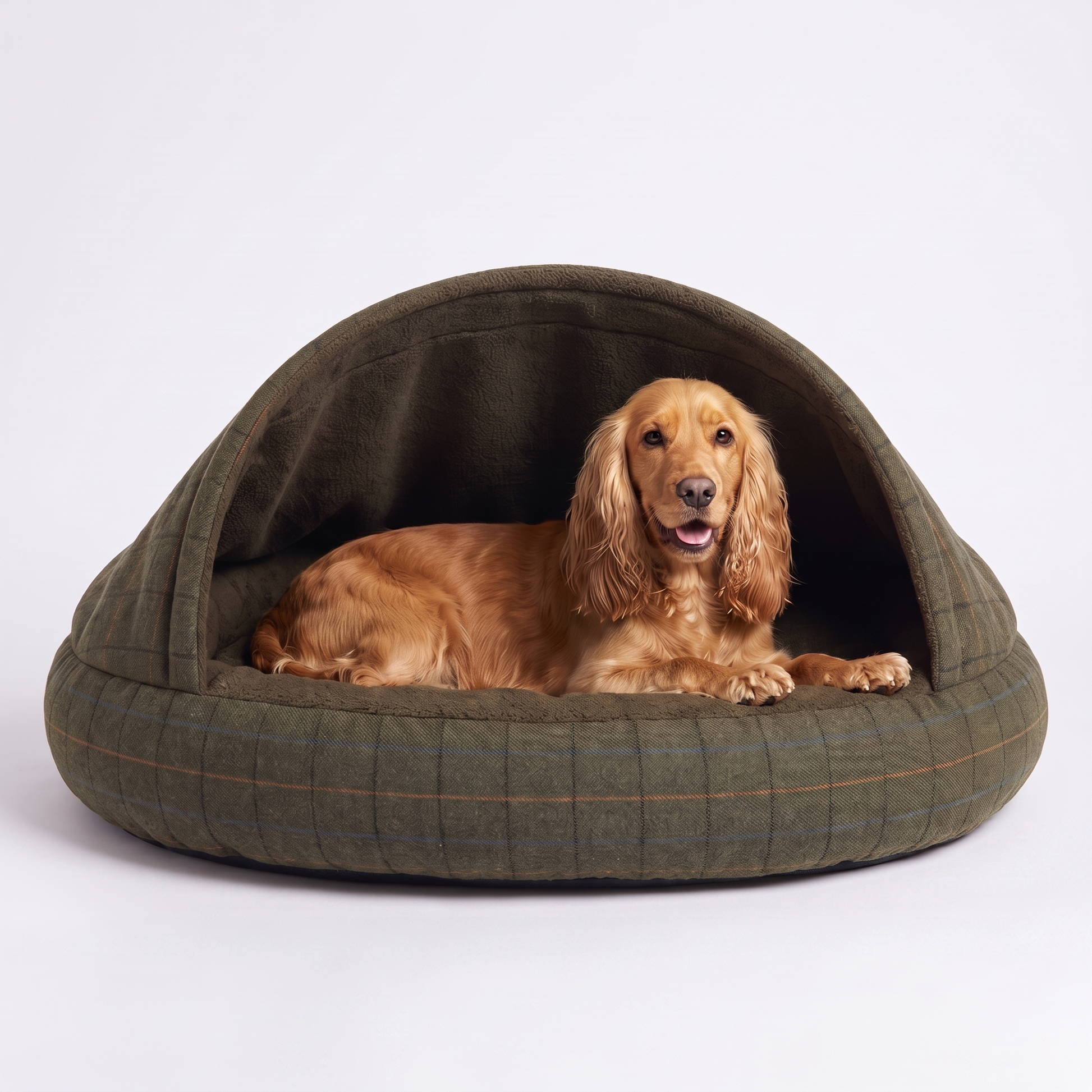 Dog cave bed with hood, cocker spaniel resting inside the green tweed covered dog bed