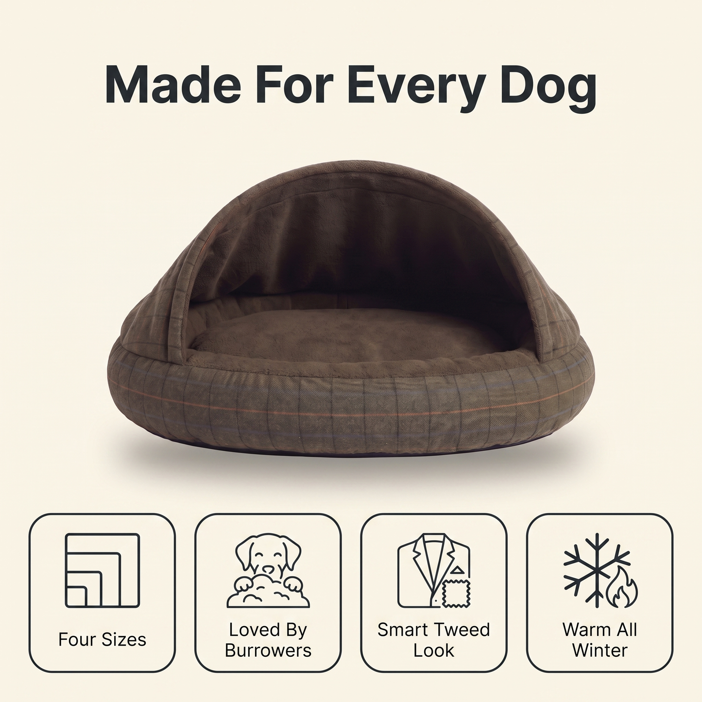 Dog cave bed in four sizes with a smart green tweed look, feature overview