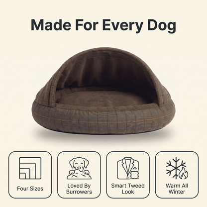 Dog cave bed in four sizes with a smart green tweed look, feature overview