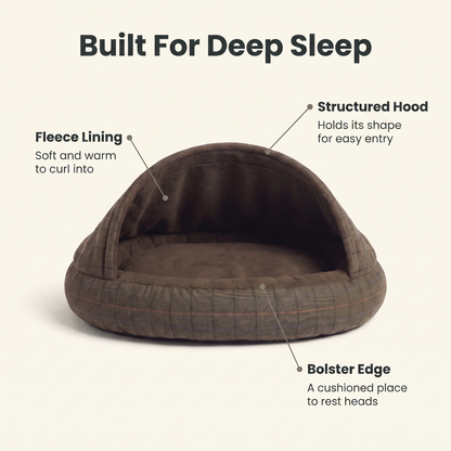 Dog cave bed explained: structured hood, fleece lining and bolster edge