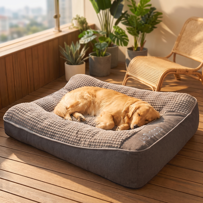 Golden retriever sleeping on the orthopedic dog sofa bed on a sunny balcony