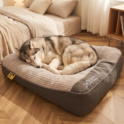 Husky asleep on the orthopedic dog sofa bed in a cosy bedroom