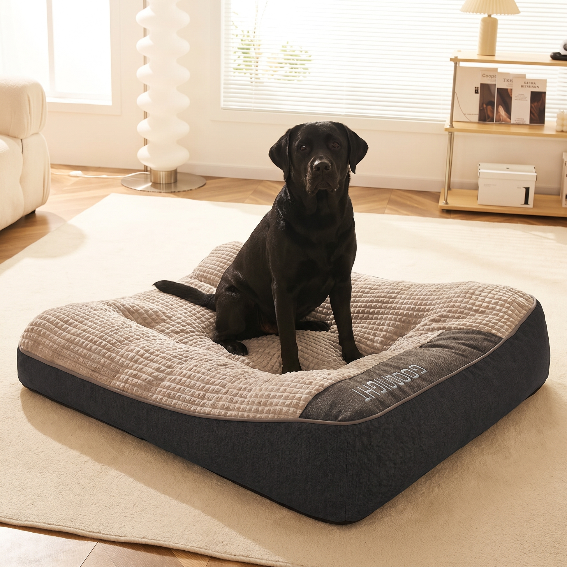 Black labrador sitting on the large orthopedic dog sofa bed in a bright living room