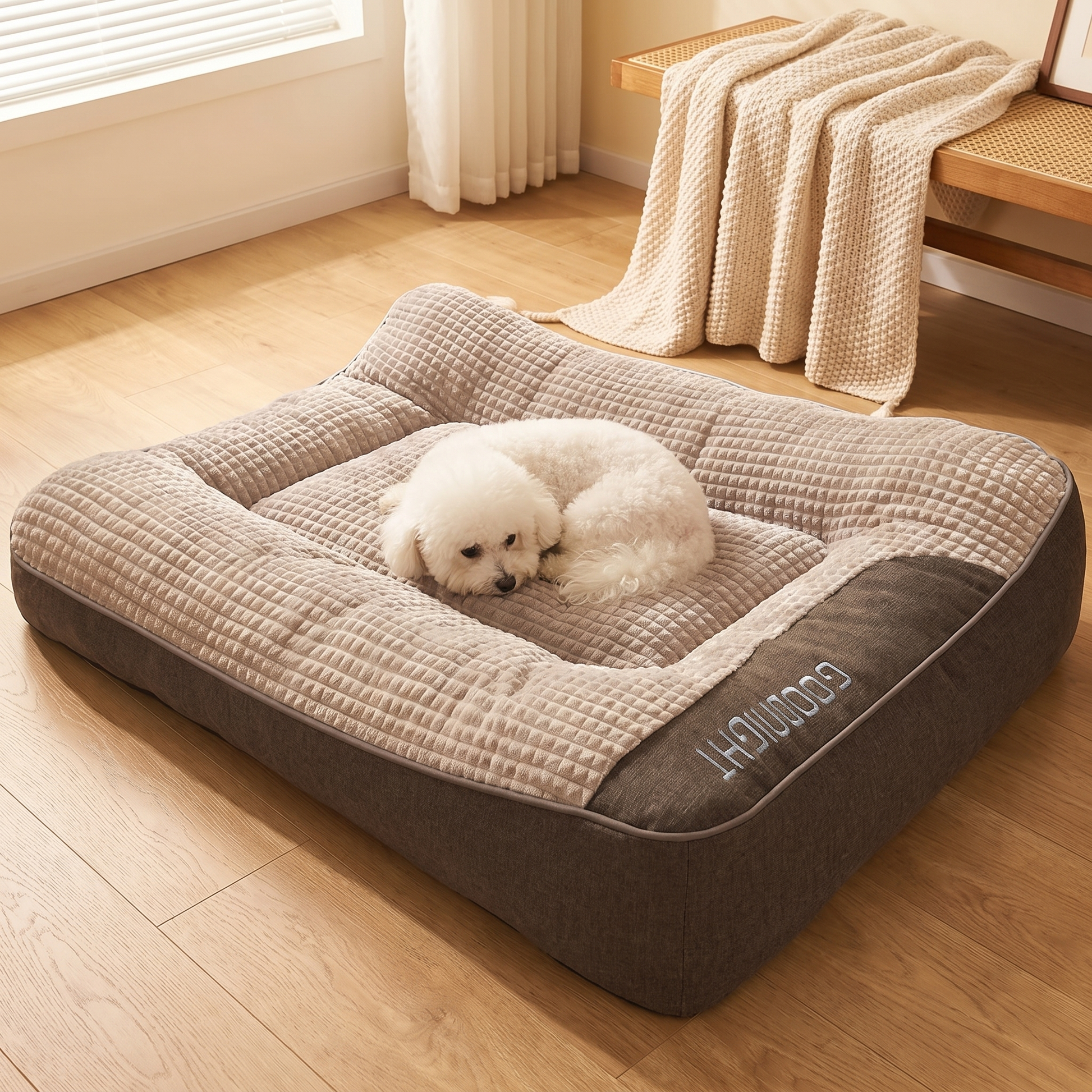 Small white dog curled up on the spacious orthopedic dog sofa bed