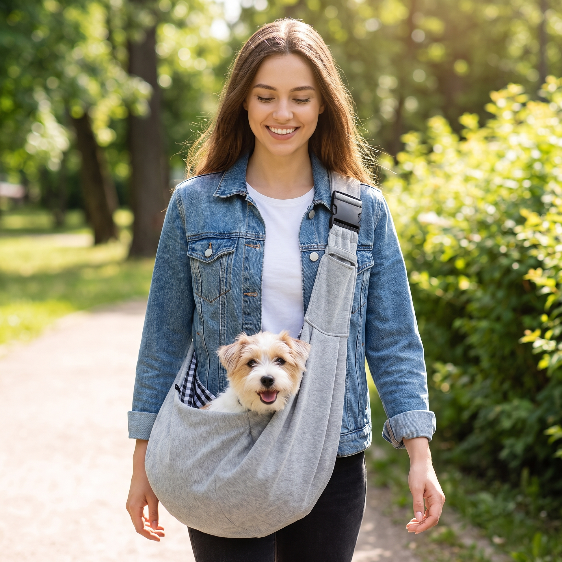 Woman walking in the park carrying a small dog in the grey pet sling