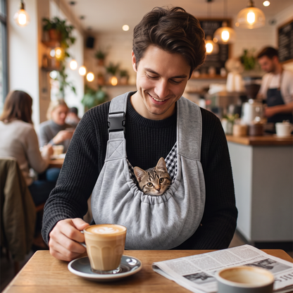 Man at a cafe with a cat peeking out of the grey pet sling