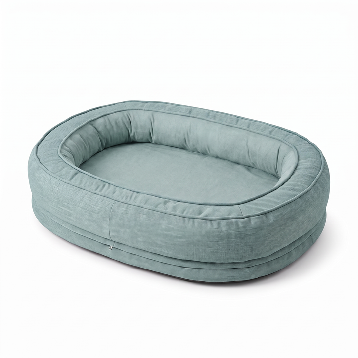 Teal donut dog bed with removable washable cover