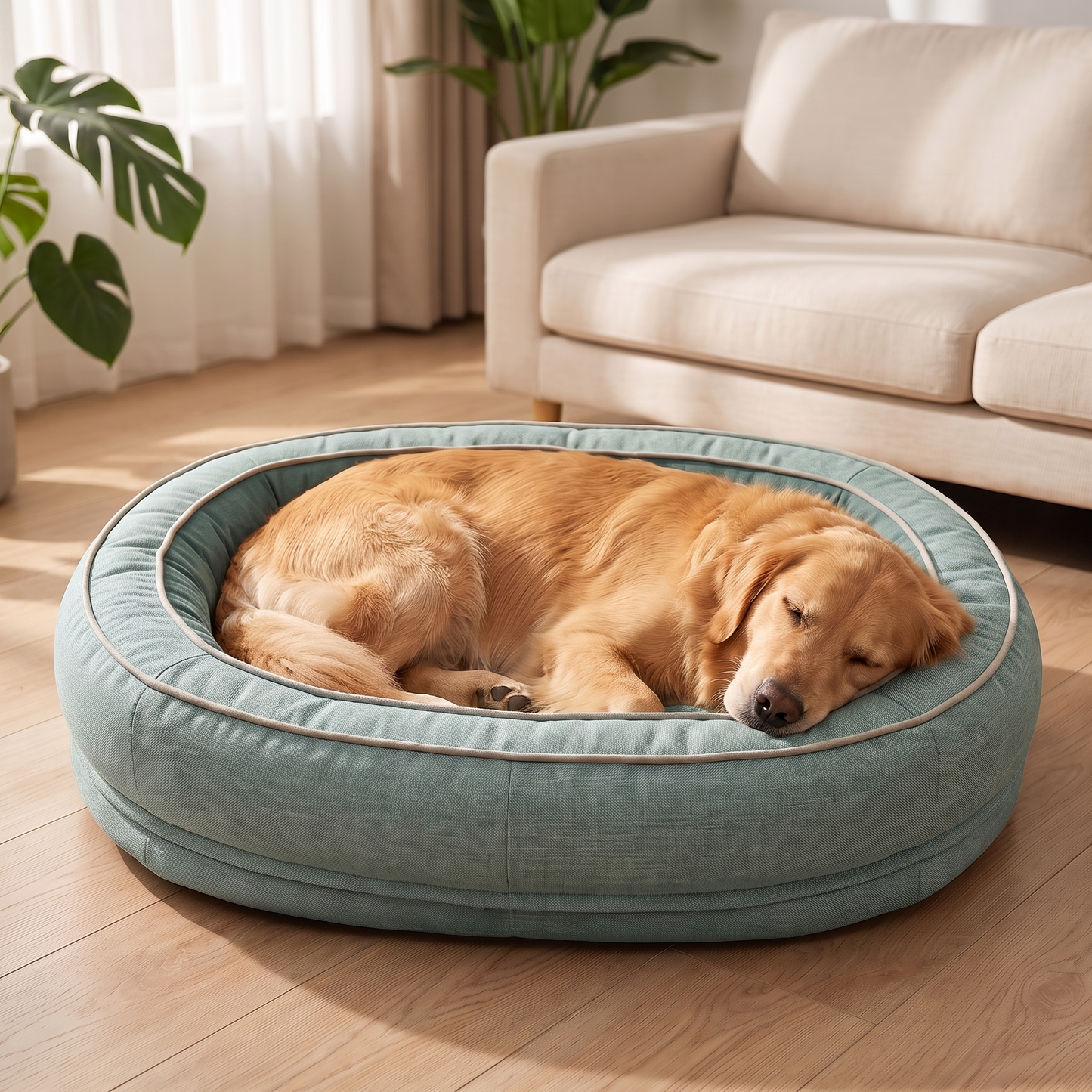 Golden retriever sleeping in a washable donut dog bed