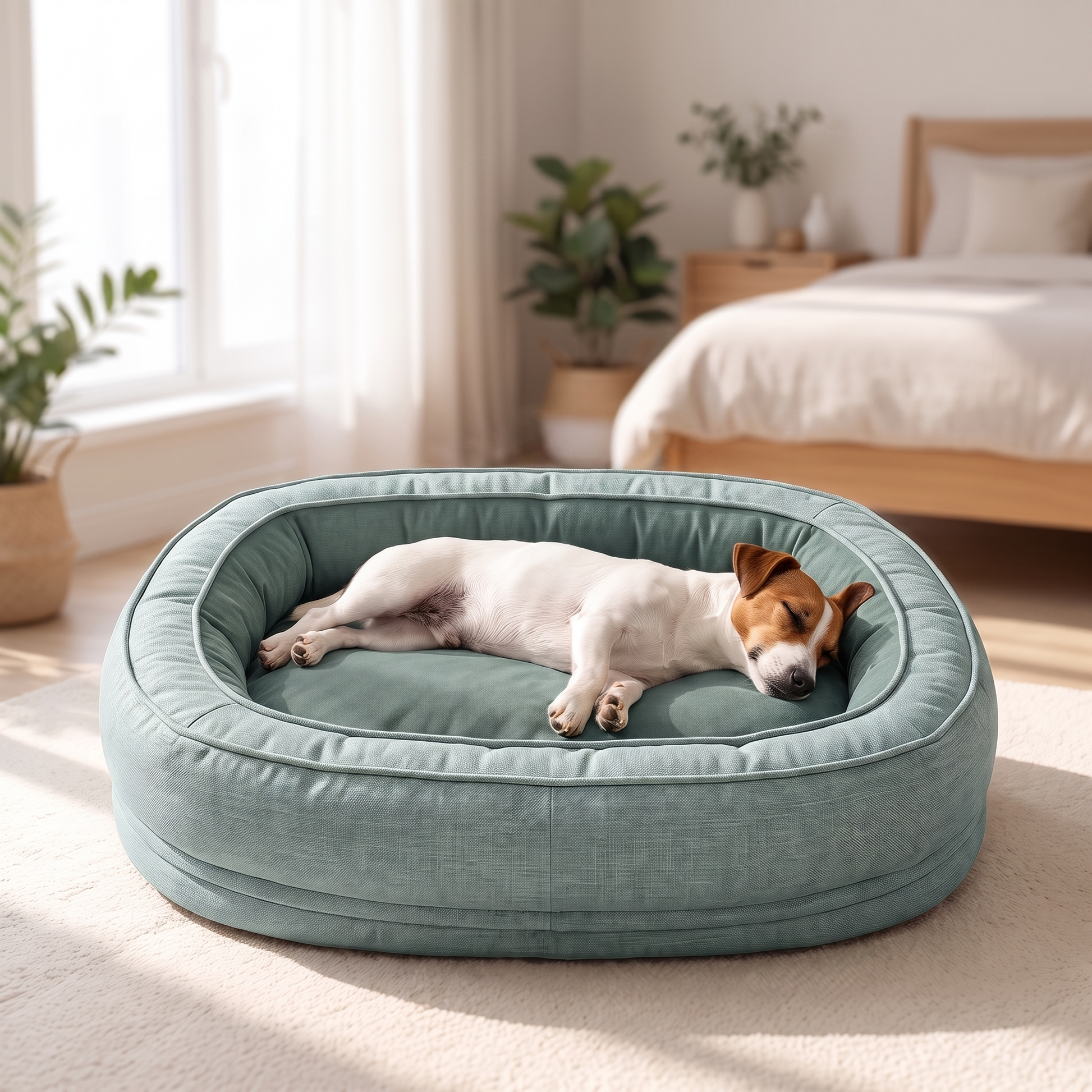 Small dog stretched out on the centre cushion of the donut bed