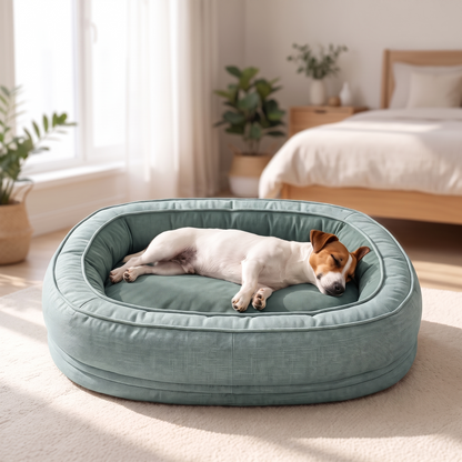 Small dog stretched out on the centre cushion of the donut bed