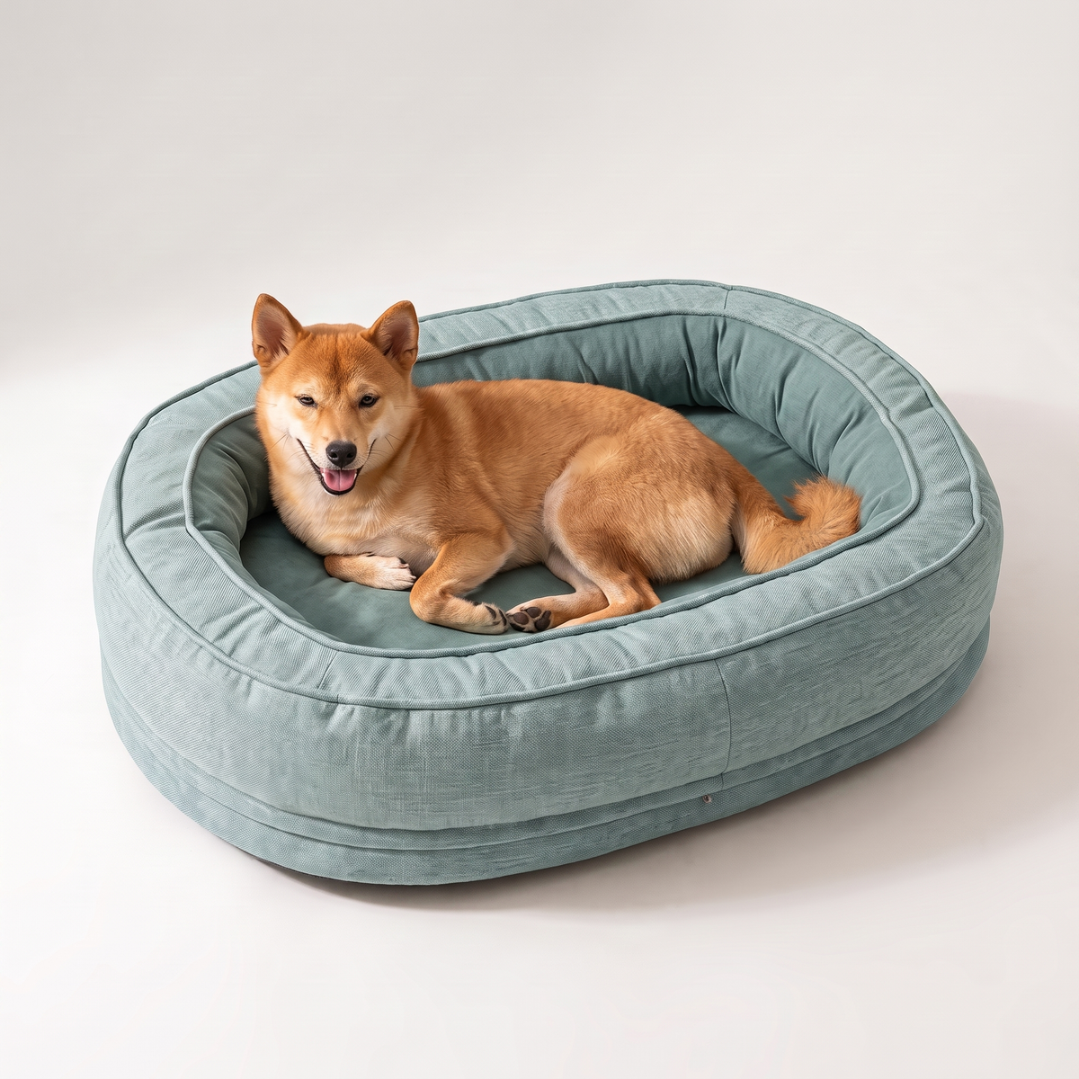 Dog resting in a teal machine washable donut dog bed