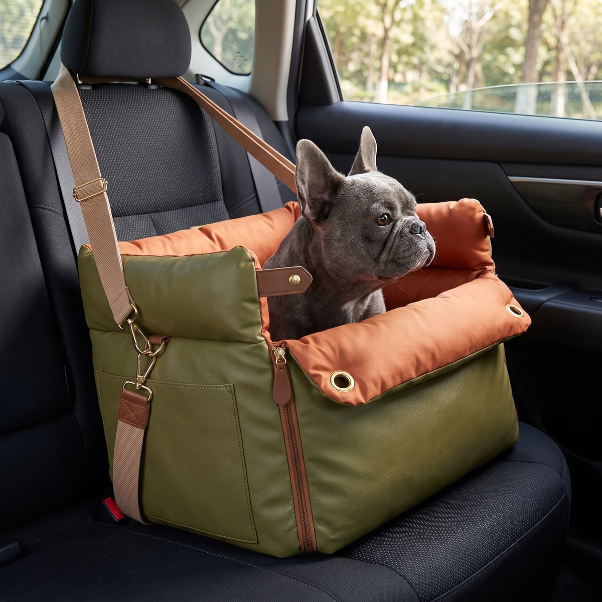 Dog Car Seat with Safety Belt, Premium Leather Look Travel Bed