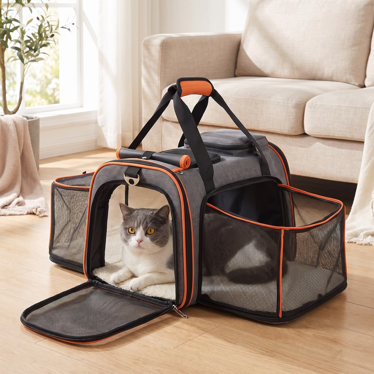 Cat Carrier with Expandable Mesh Sides, Sling Strap and Soft Mat