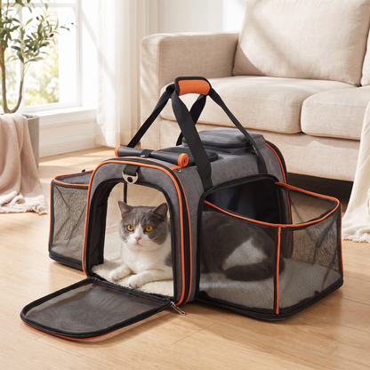 Cat Carrier with Expandable Mesh Sides, Sling Strap and Soft Mat