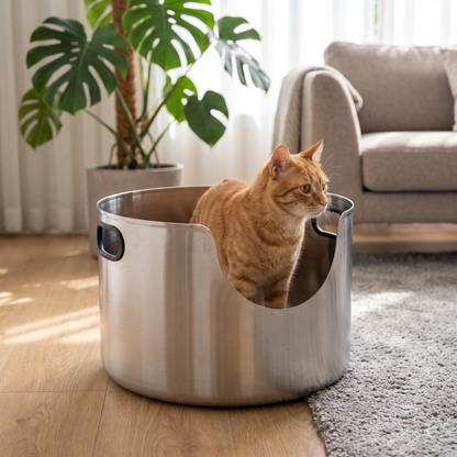 Cat Litter Tray 48L Round Stainless Steel Open Top with Mat & Scoop
