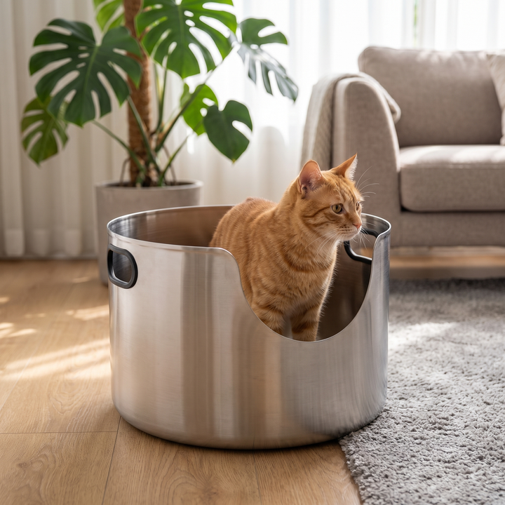 Cat Litter Tray 48L Round Stainless Steel Open Top with Mat & Scoop