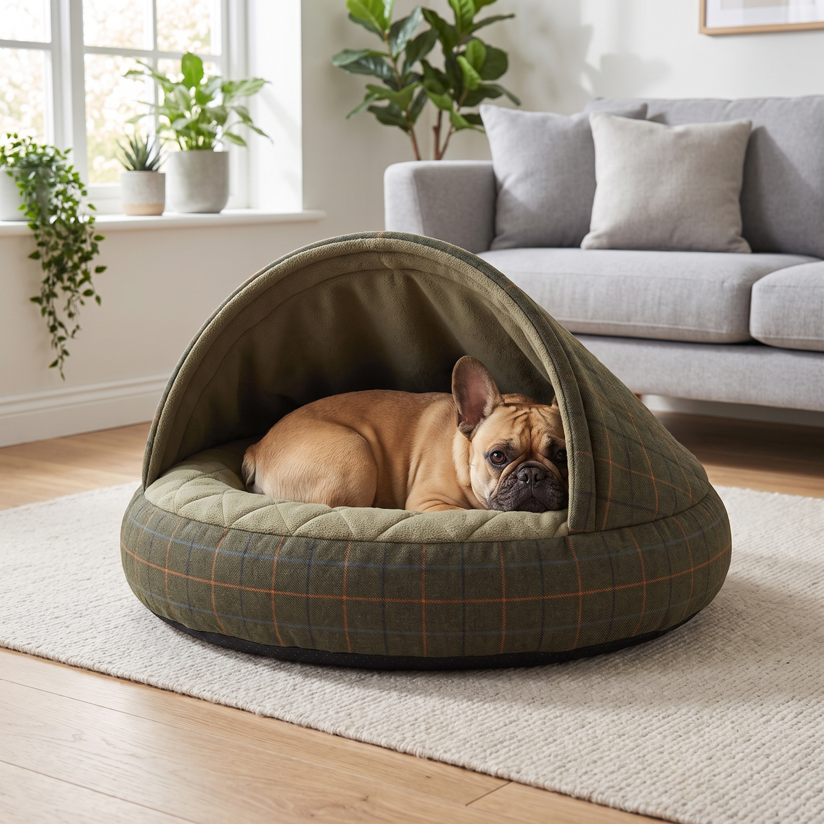 Dog Cave Bed with Hood, Green Tweed Cocoon Covered Dog Bed