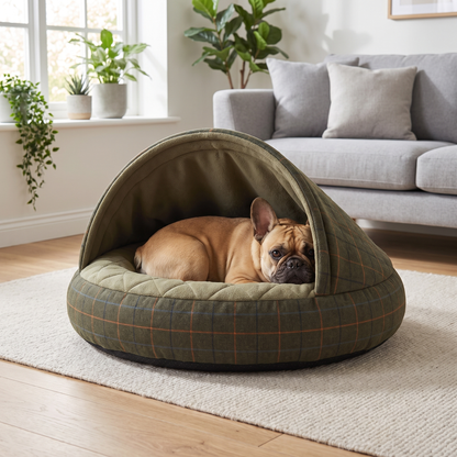 Dog Cave Bed with Hood, Green Tweed Cocoon Covered Dog Bed