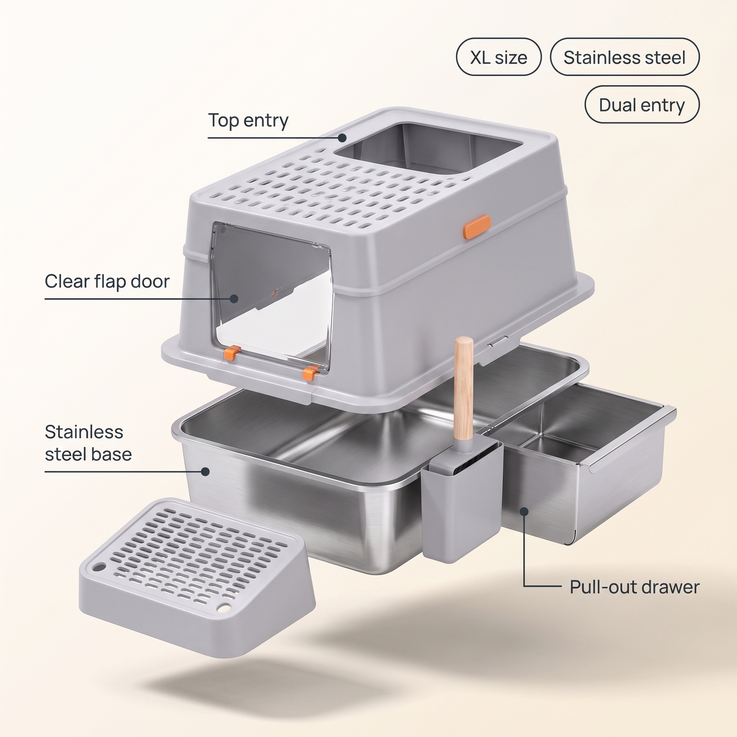Stainless Steel Litter Box XL Fully Enclosed with Front Entry