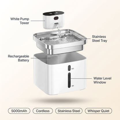 Cat Water Fountain Cordless Rechargeable Pumpless Stainless Steel