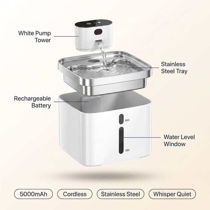 Cat Water Fountain Cordless Rechargeable Pumpless Stainless Steel