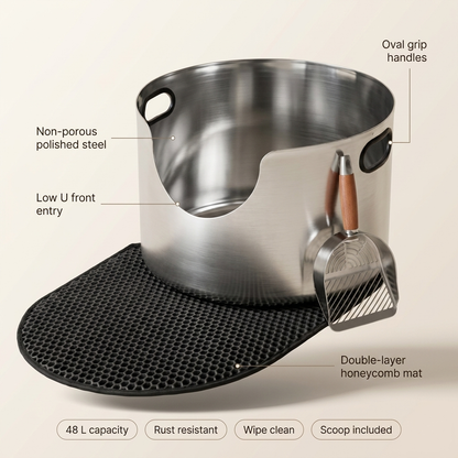 Cat Litter Tray 48L Round Stainless Steel Open Top with Mat & Scoop
