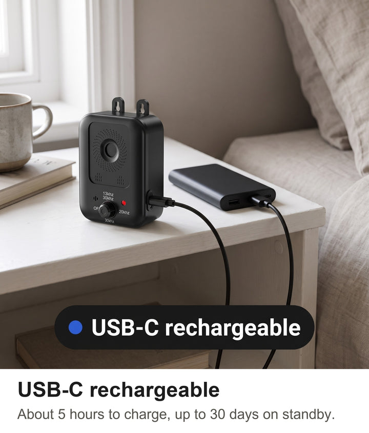 Anti bark device charging with a USB-C cable on a bedroom shelf