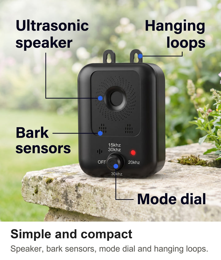 Anti bark device with ultrasonic speaker, bark sensors, mode dial and hanging loops labelled
