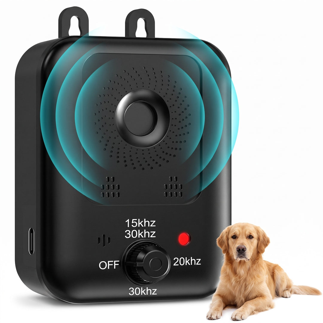 Black ultrasonic anti bark device with sound waves and a calm golden retriever